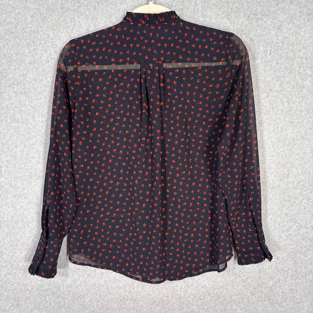 Ann Taylor Sheer Blouse XSP Navy Ruffle Tuxedo Dark Maximalist Feminine Romantic - Picture 9 of 11